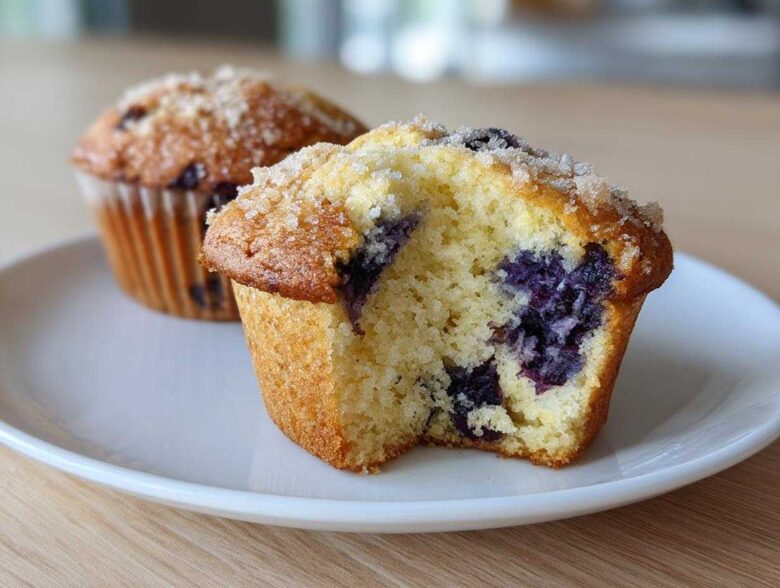 Close-up of a freshly baked blueberry muffin cut in half showing moist interior and large blueberries, part of a batch of blueberry muffins.