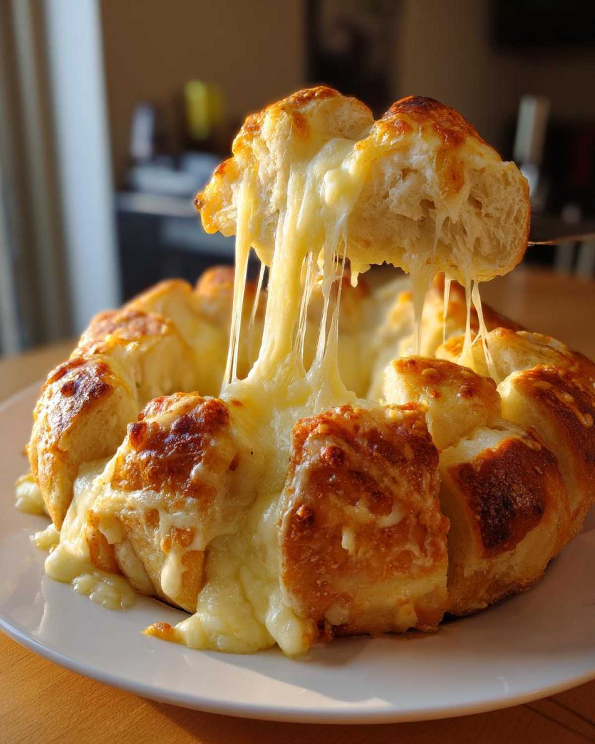 A piece of baked cheese bread is pulled away, showing long, gooey cheese strings from the amazing 10-minute cheese bread.