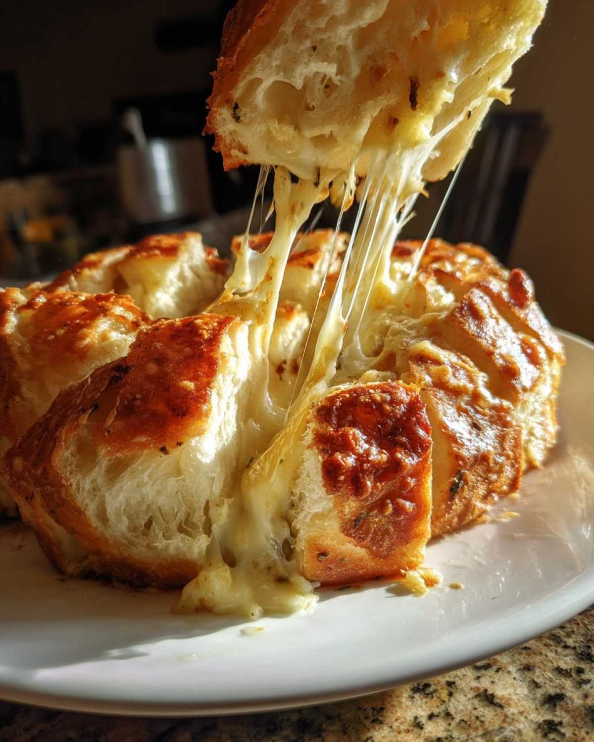 A piece of baked cheese bread being pulled away, showing long, stretchy strands of melted cheese.