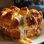 A golden-brown pull-apart cheese bread loaf with melted cheese dramatically stretching downwards.