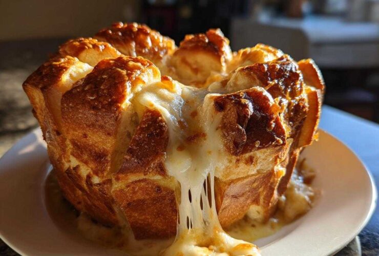 A golden-brown pull-apart cheese bread loaf with melted cheese dramatically stretching downwards.