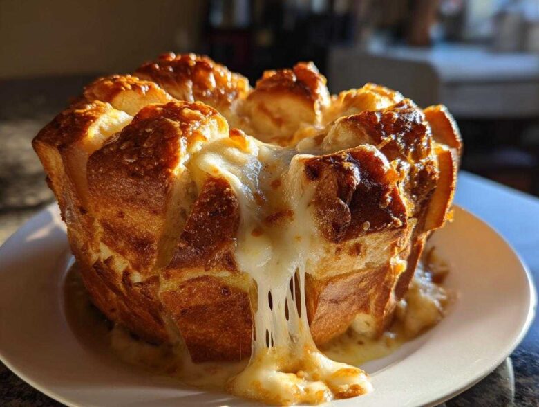 A golden-brown pull-apart cheese bread loaf with melted cheese dramatically stretching downwards.