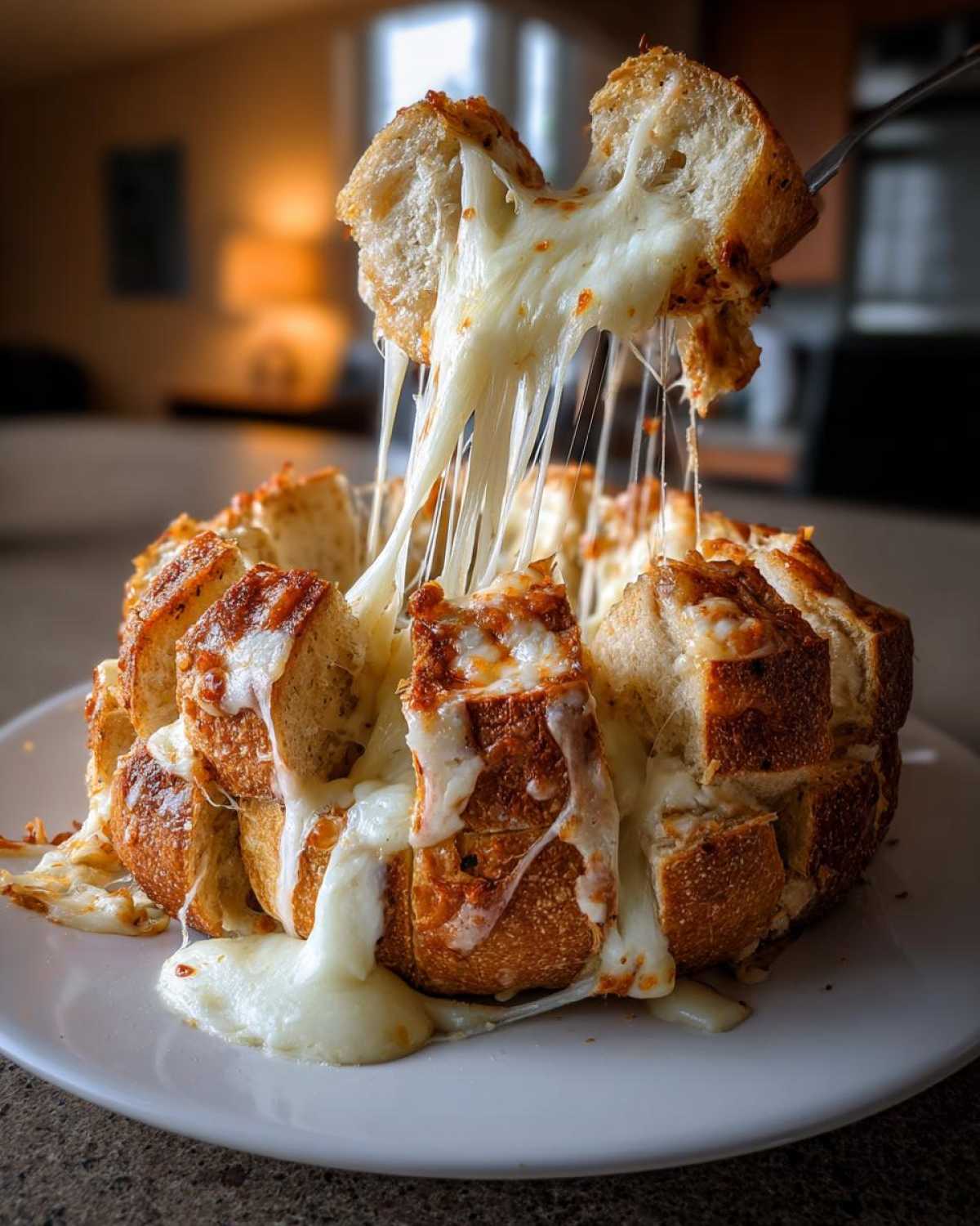 A piece of amazing cheese bread being pulled away, showing long, dramatic strings of melted mozzarella cheese.