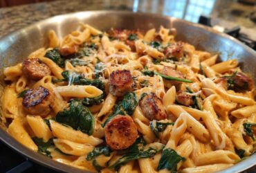Close-up of creamy chicken sausage pasta with spinach and Parmesan cheese in a stainless steel skillet.
