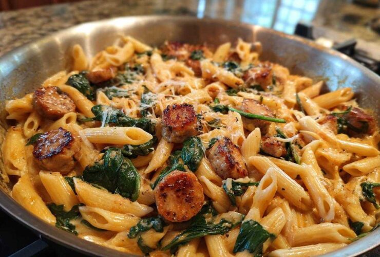 Close-up of creamy chicken sausage pasta with spinach and Parmesan cheese in a stainless steel skillet.