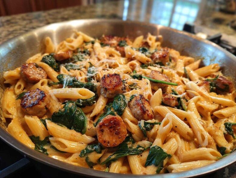 Close-up of creamy chicken sausage pasta with spinach and Parmesan cheese in a stainless steel skillet.