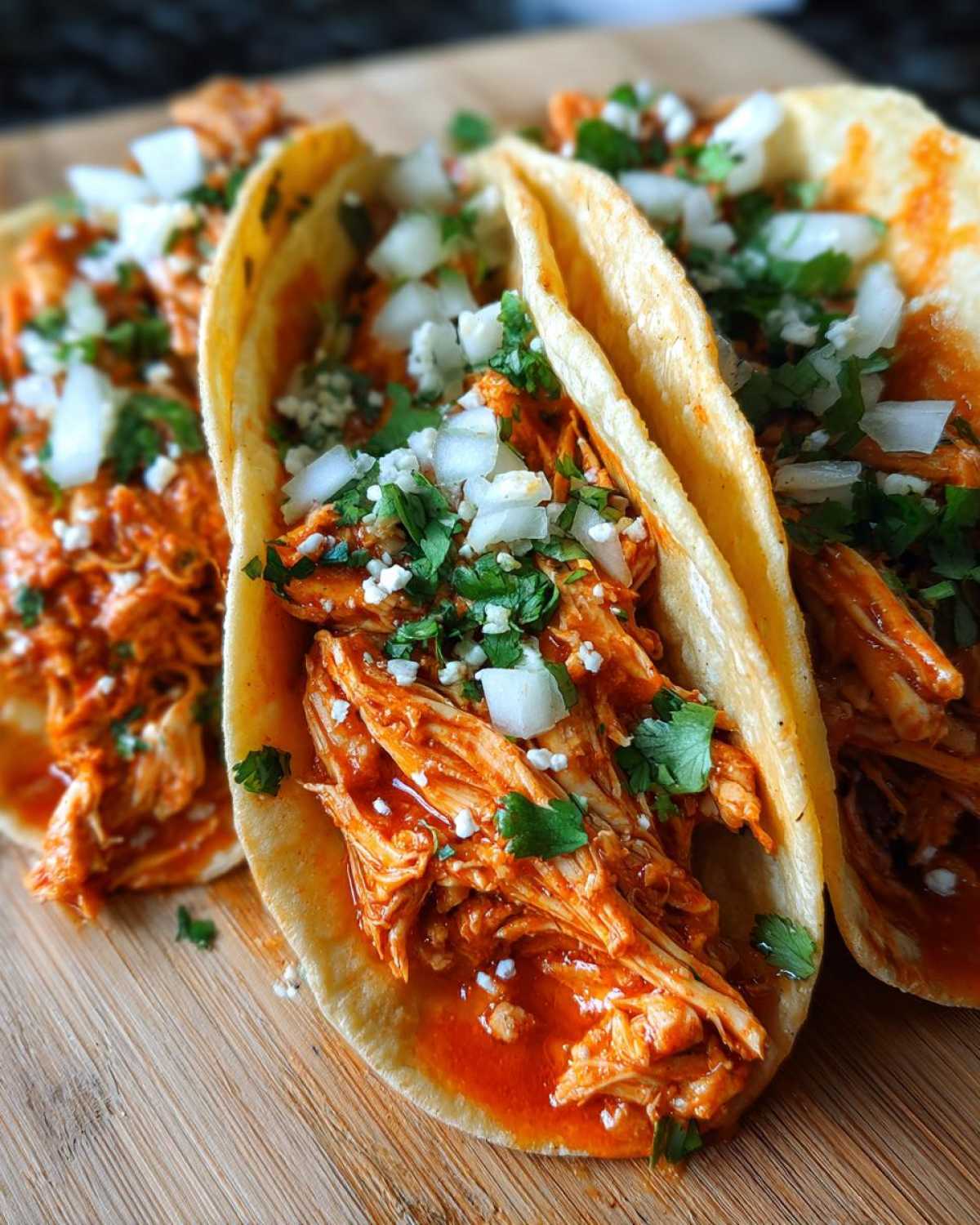 Three delicious chicken tacos filled with saucy shredded meat, topped with diced white onion and cilantro.
