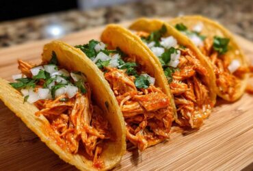 Four crispy shell chicken tacos filled with shredded orange chicken, topped with diced white onion and fresh cilantro.
