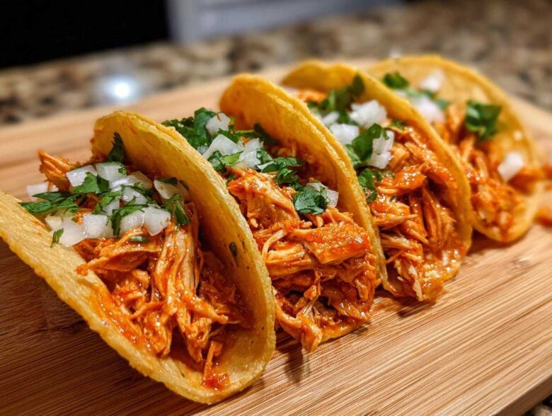 Four crispy shell chicken tacos filled with shredded orange chicken, topped with diced white onion and fresh cilantro.