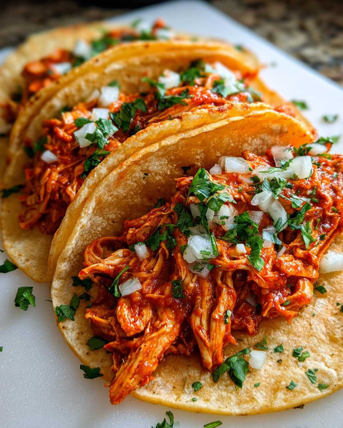 Close-up of three corn tortilla chicken tacos filled with saucy shredded chicken, topped with diced white onion and fresh cilantro.