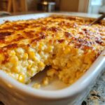 A scoop has been taken out of the baked corn dip with cream cheese, showing the creamy interior and golden-brown cheesy top.