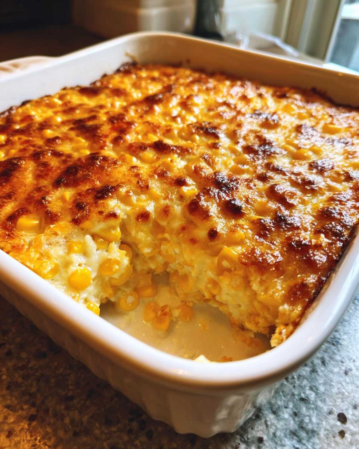 Close-up of a baked corn dip with cream cheese in a white casserole dish, showing a golden-brown, bubbly top.