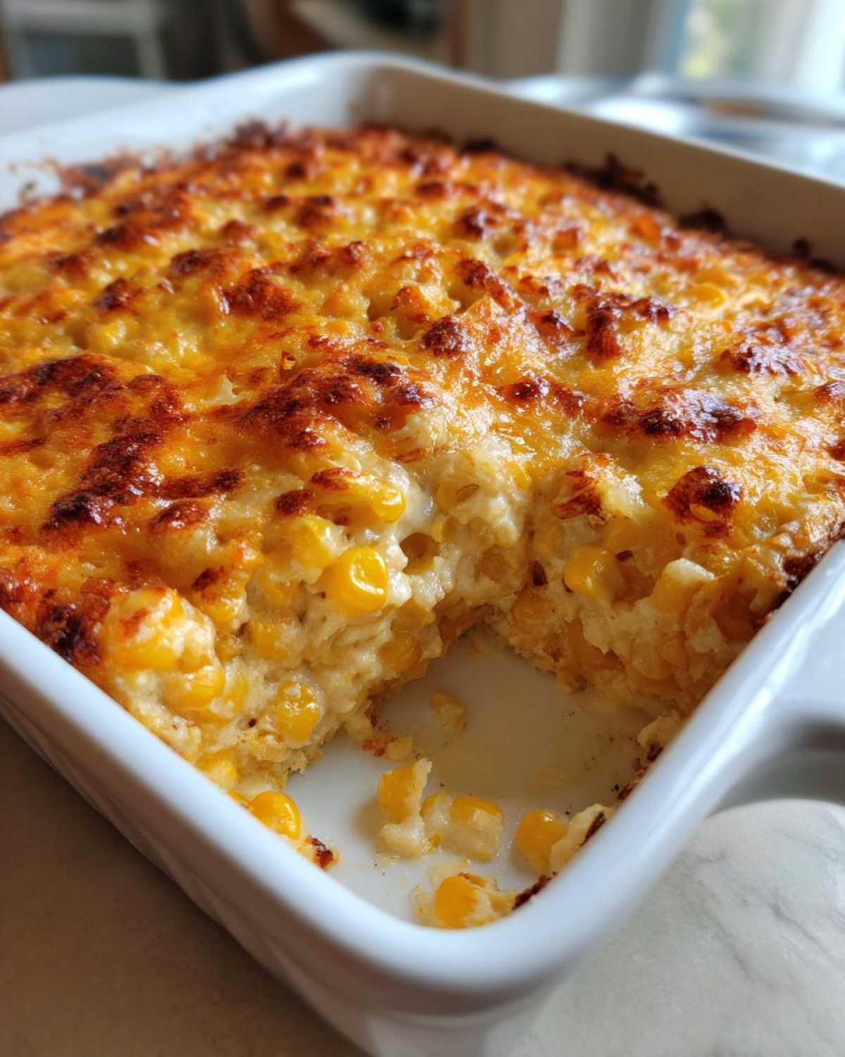 Close-up of baked corn dip with cream cheese, showing a golden-brown cheesy top and a scoop removed.