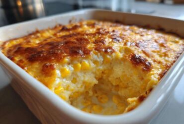 Close-up of baked corn dip with cream cheese showing a scoop taken out, revealing creamy texture and golden brown top.