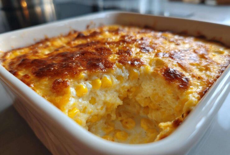 Close-up of baked corn dip with cream cheese showing a scoop taken out, revealing creamy texture and golden brown top.