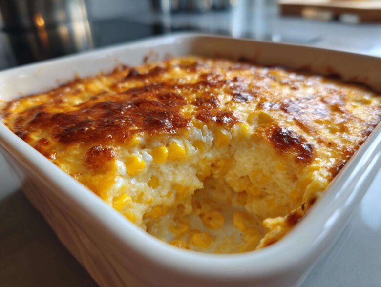 Close-up of baked corn dip with cream cheese showing a scoop taken out, revealing creamy texture and golden brown top.
