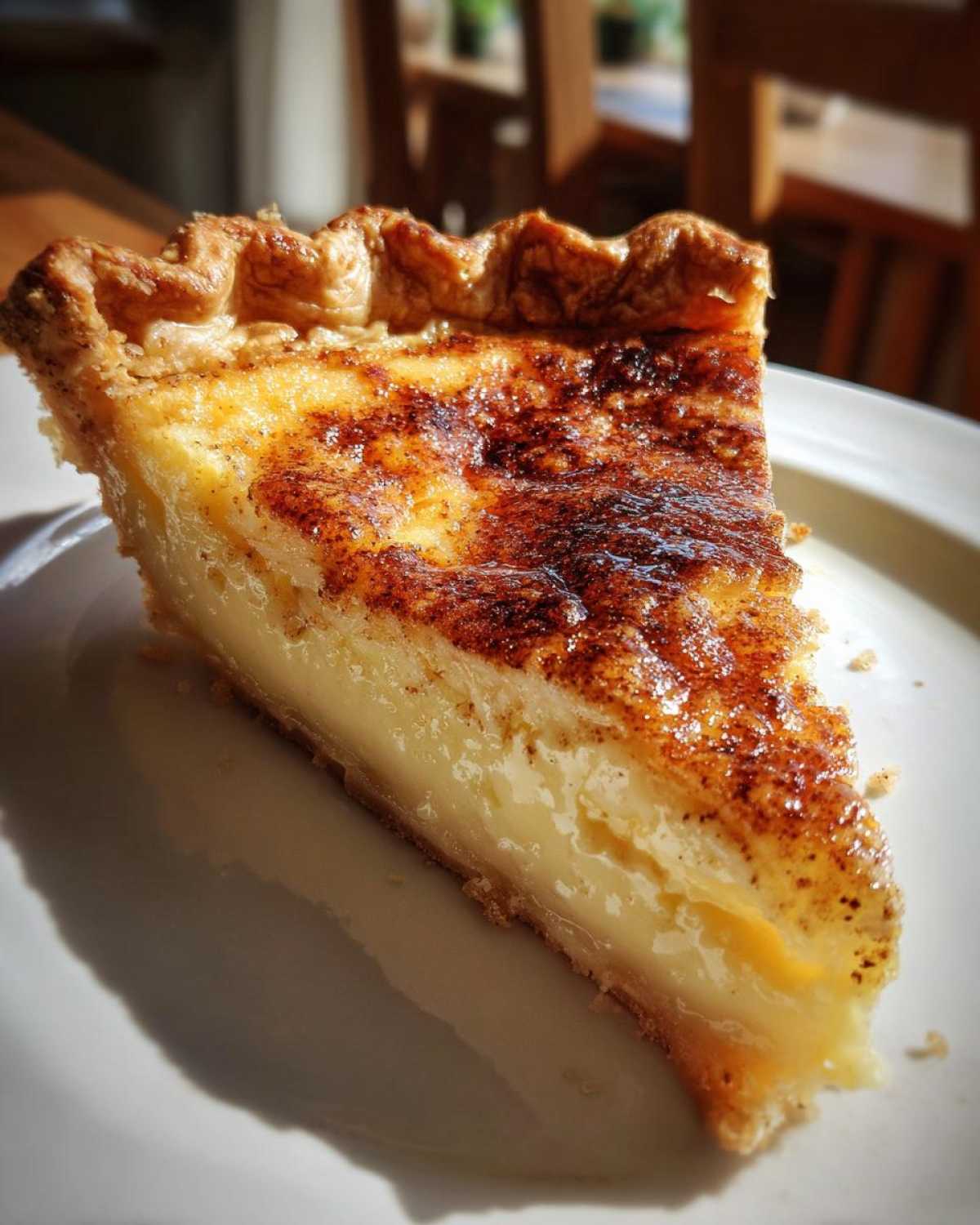 A close-up slice of amazing custard pie with a creamy yellow filling and a beautifully browned, cinnamon-dusted top.