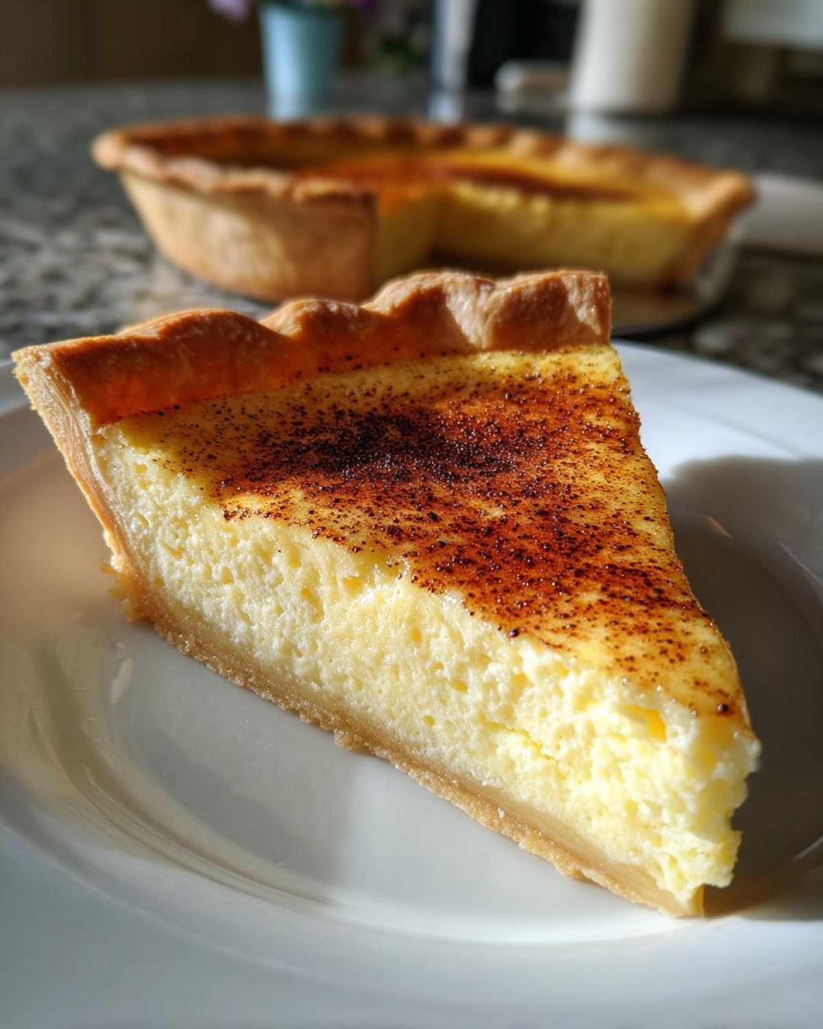 A close-up slice of amazing custard pie with a creamy yellow filling and a browned, spiced top, sitting on a white plate.