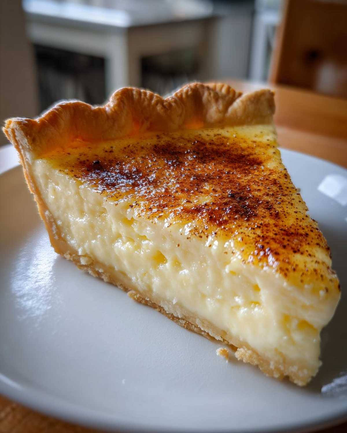 A close-up of a perfect slice of amazing custard pie with a creamy filling and a caramelized, nutmeg-dusted top.