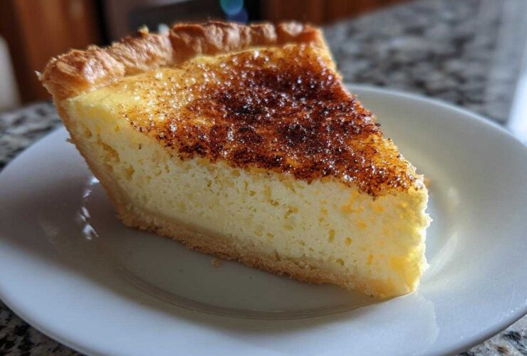 A close-up shot of a perfect slice of amazing custard pie with a golden, slightly torched and sugared top.