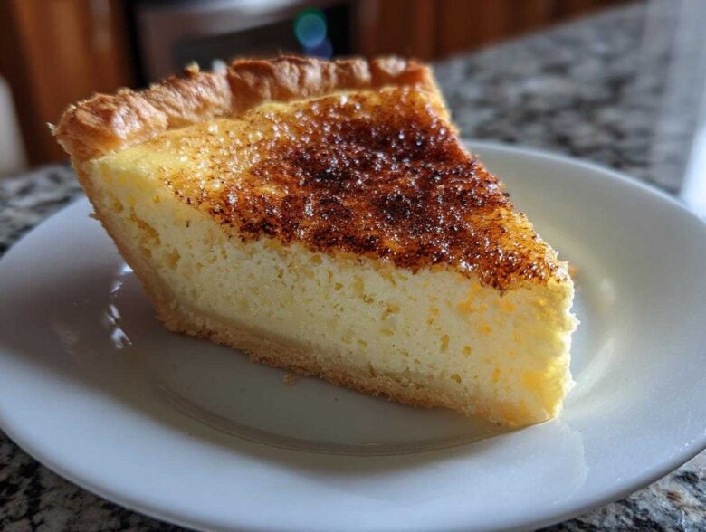 A close-up shot of a perfect slice of amazing custard pie with a golden, slightly torched and sugared top.
