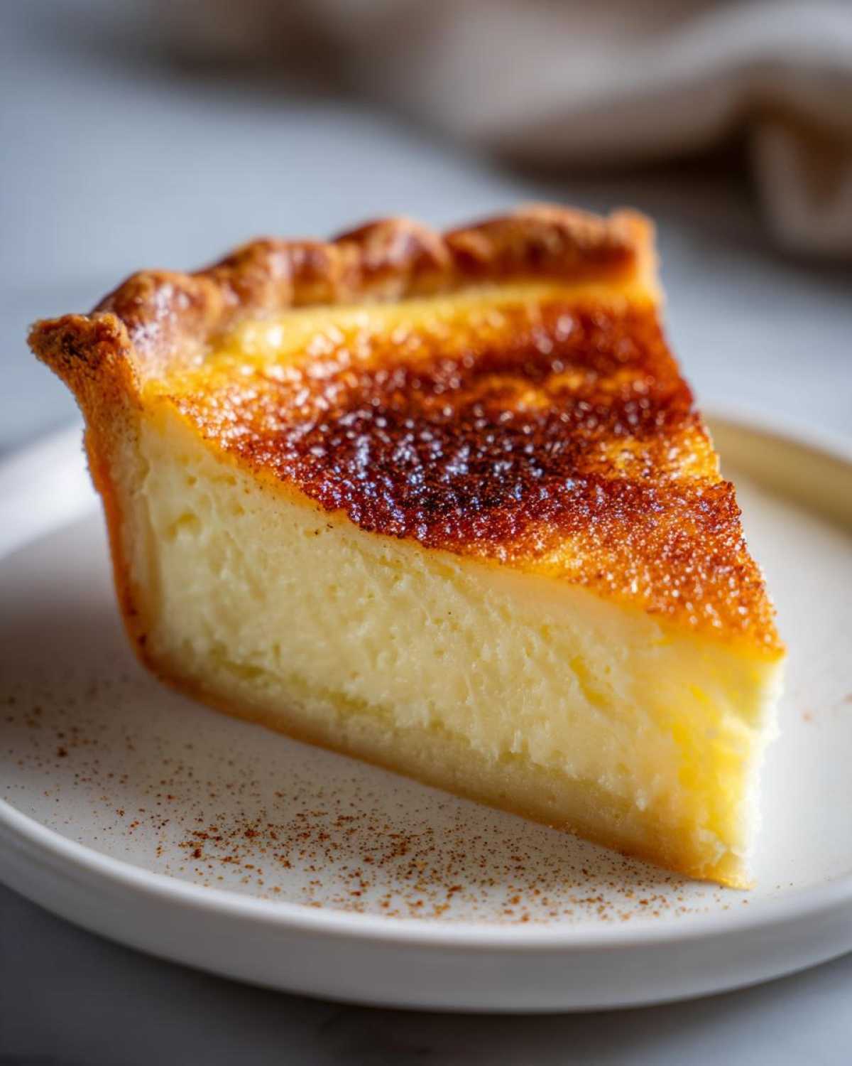 A close-up of a perfect slice of custard pie showing the creamy filling and caramelized top crust.
