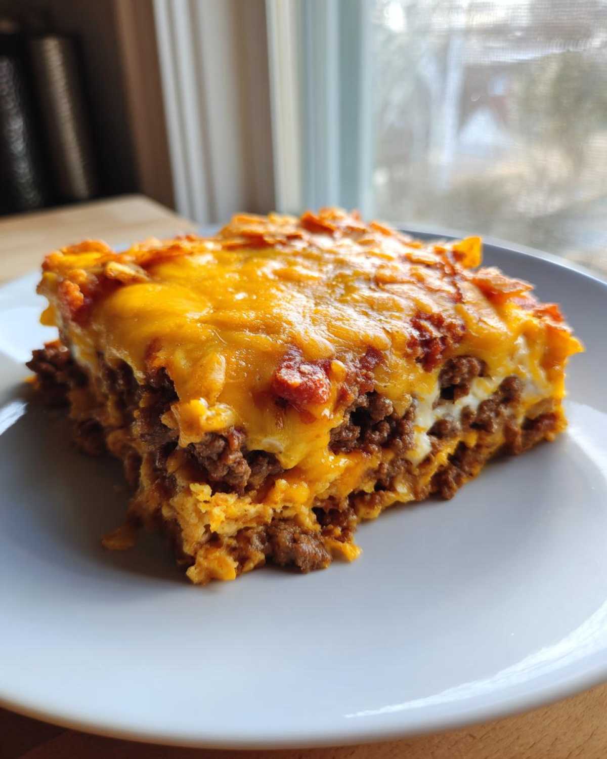 A thick slice of Amazing Dorito Casserole featuring layers of seasoned ground beef and melted cheddar cheese on a white plate.