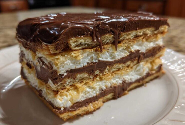 A rich, multi-layered slice of eclair cake featuring graham crackers, white cream, chocolate pudding, and chocolate glaze.