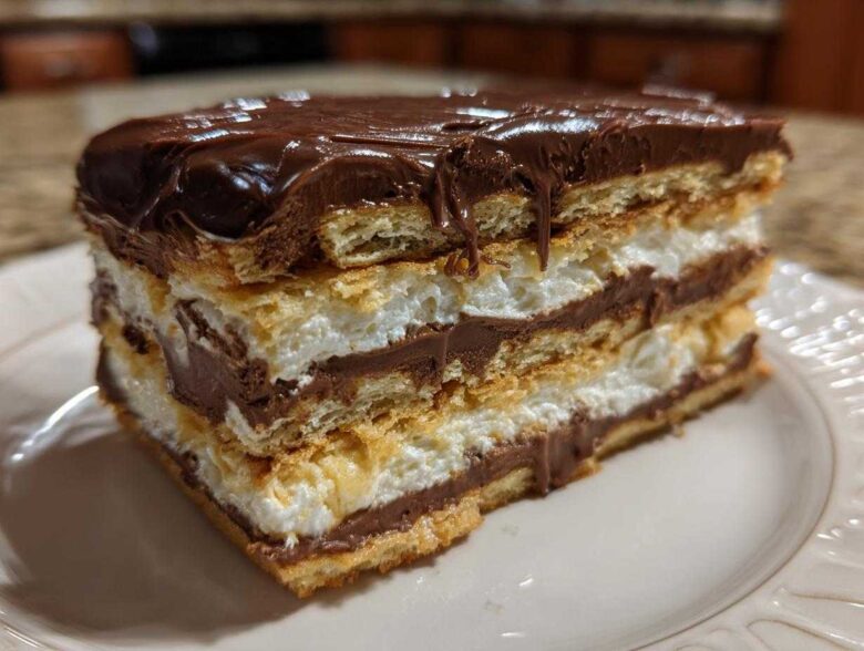 A rich, multi-layered slice of eclair cake featuring graham crackers, white cream, chocolate pudding, and chocolate glaze.