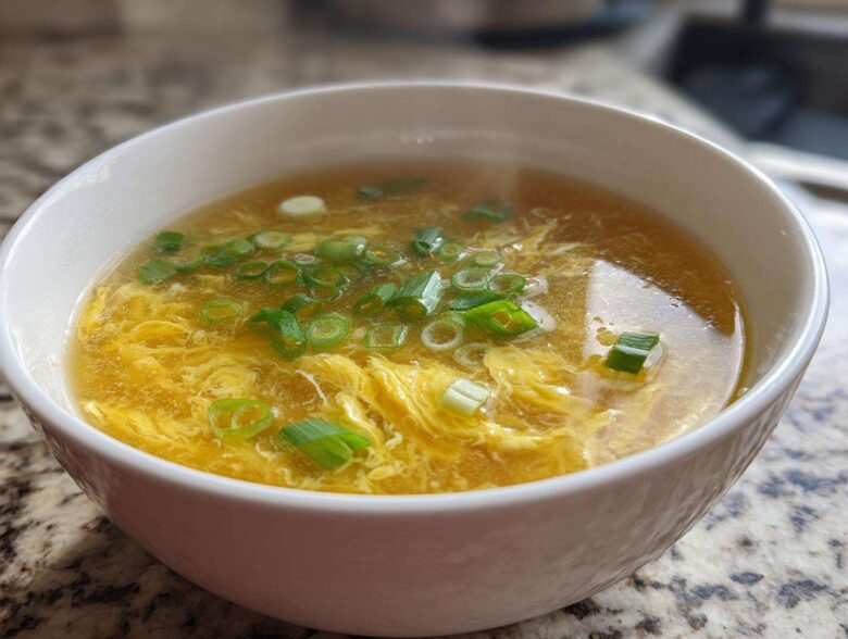 A close-up of a white bowl filled with steaming egg drop soup, featuring delicate yellow egg ribbons and green scallions.