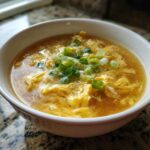 Close-up of a white bowl filled with hot egg drop soup, topped with fresh green onions.