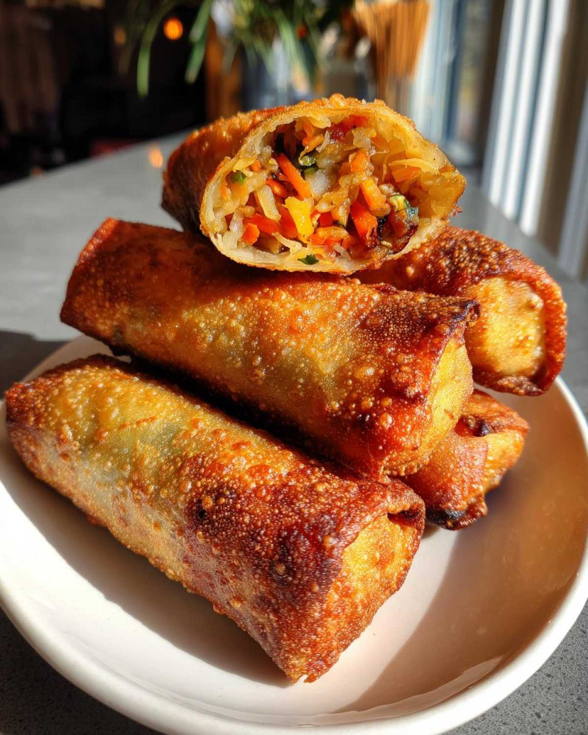 A stack of crispy, golden-brown fried egg roll appetizers, with one cut open to show the vegetable filling.