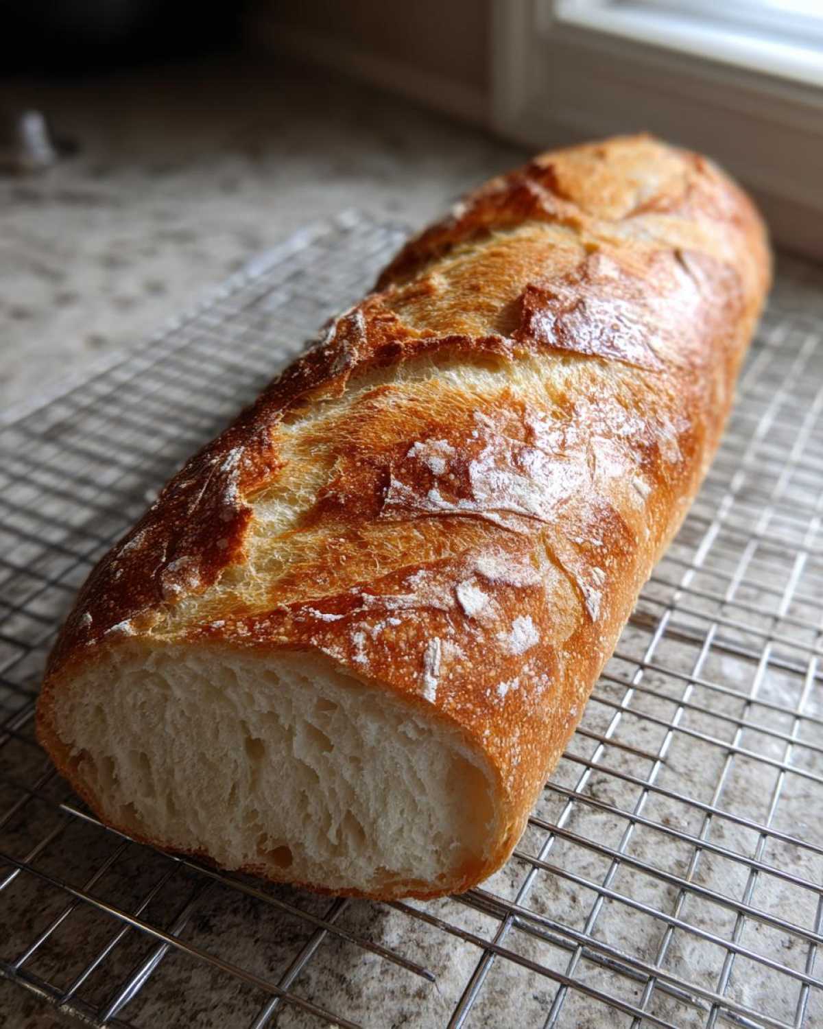 A golden-crusted, freshly baked french bread loaf, cut to show the soft interior, cooling on a wire rack.