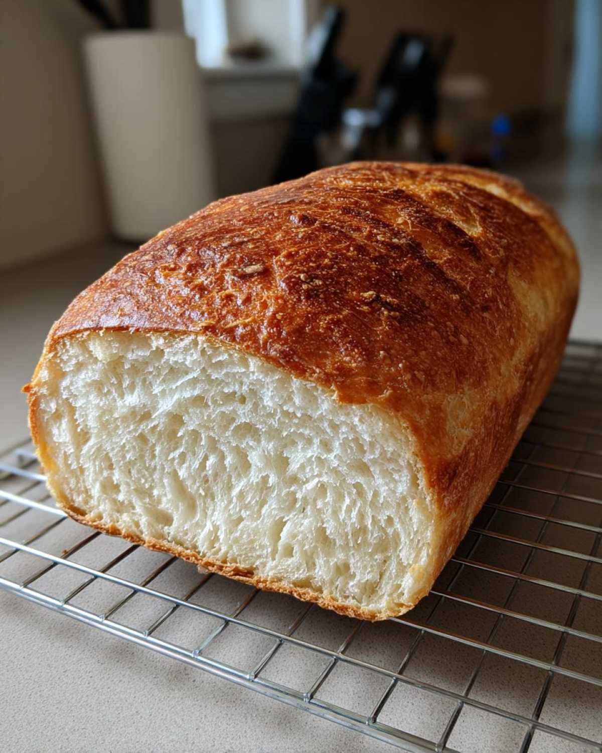 A loaf of homemade french bread, sliced to show the soft, white crumb and golden, crispy top, resting on a cooling rack.