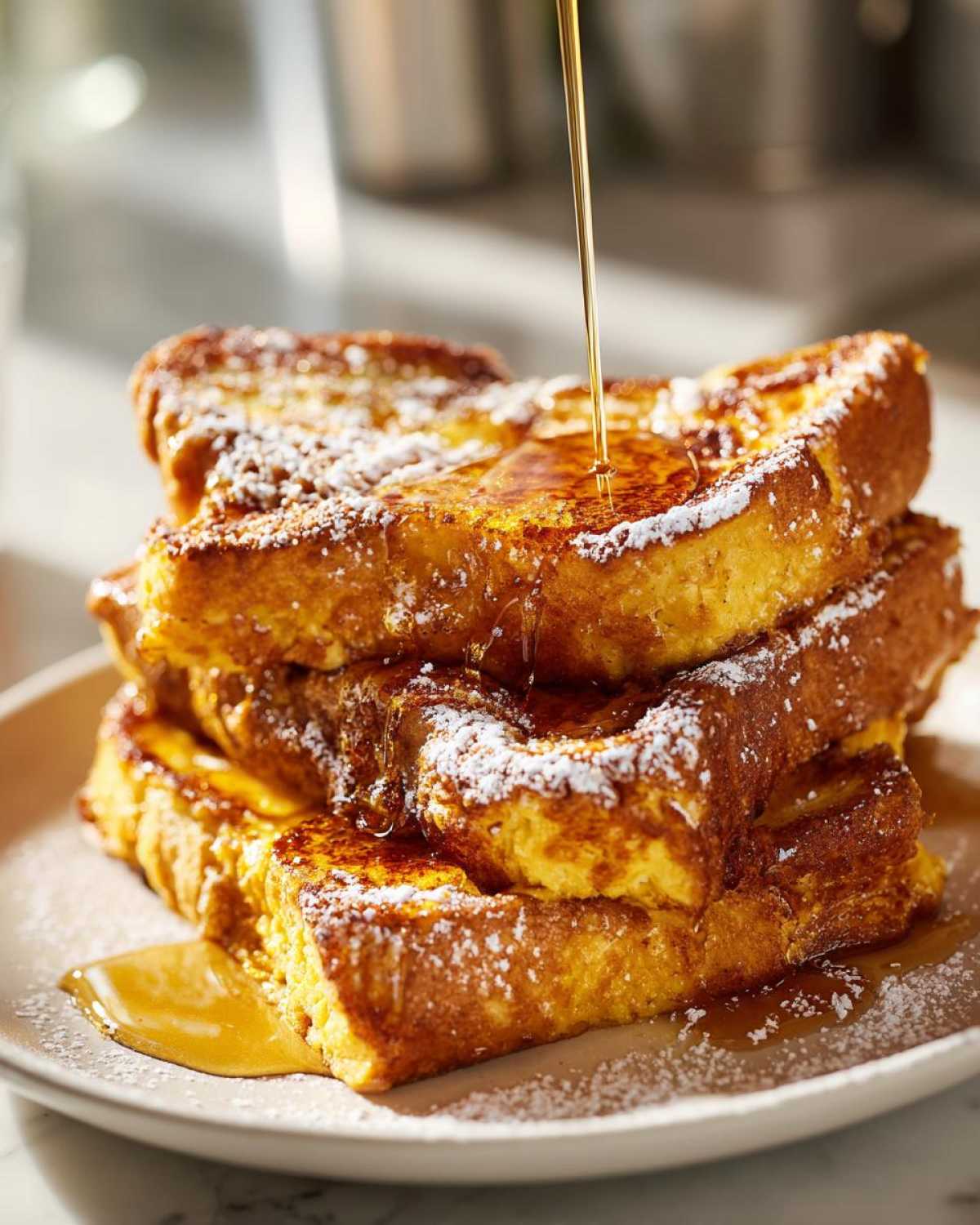 A stack of thick, golden brown french toast being drizzled with maple syrup and dusted with powdered sugar.