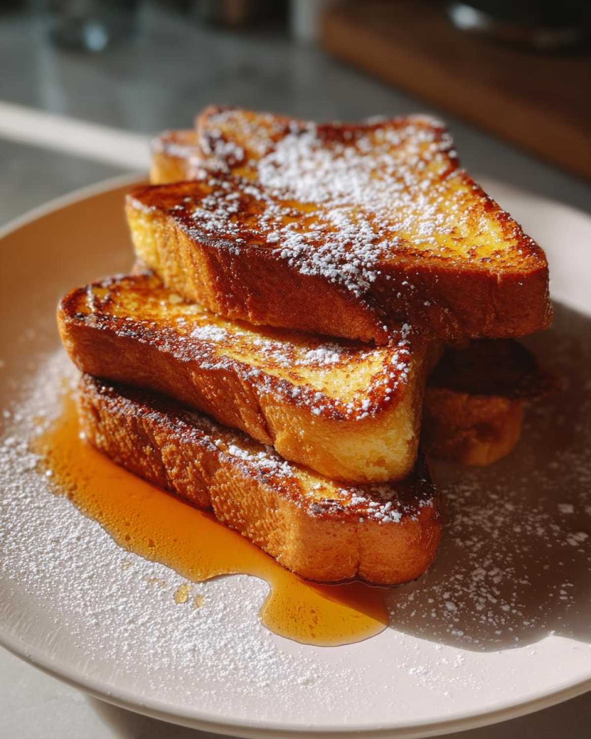 A stack of thick, golden brown french toast drizzled with syrup and dusted heavily with powdered sugar.