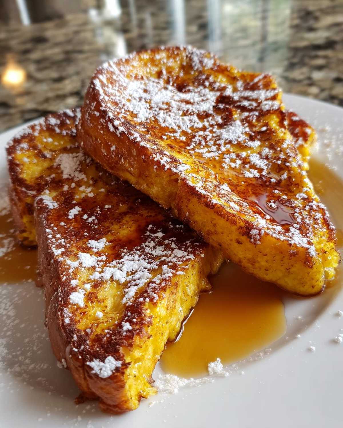 Two thick slices of golden brown french toast topped with powdered sugar and drizzled with maple syrup.