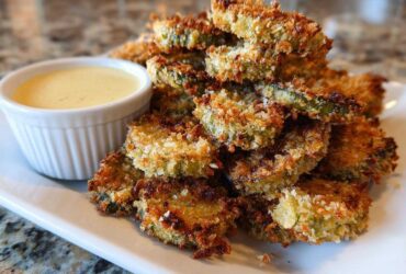 A pile of golden brown, crispy Fried Pickles served on a white plate next to a small bowl of creamy dipping sauce.
