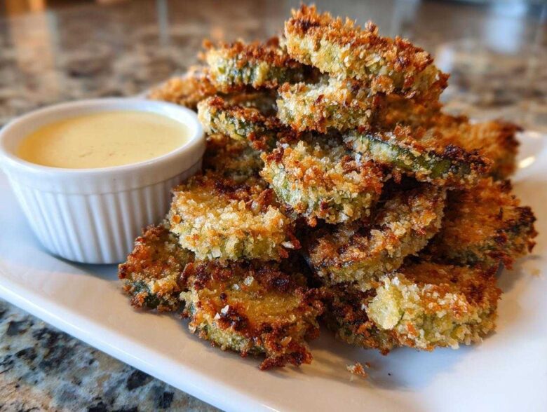 A pile of golden brown, crispy Fried Pickles served on a white plate next to a small bowl of creamy dipping sauce.