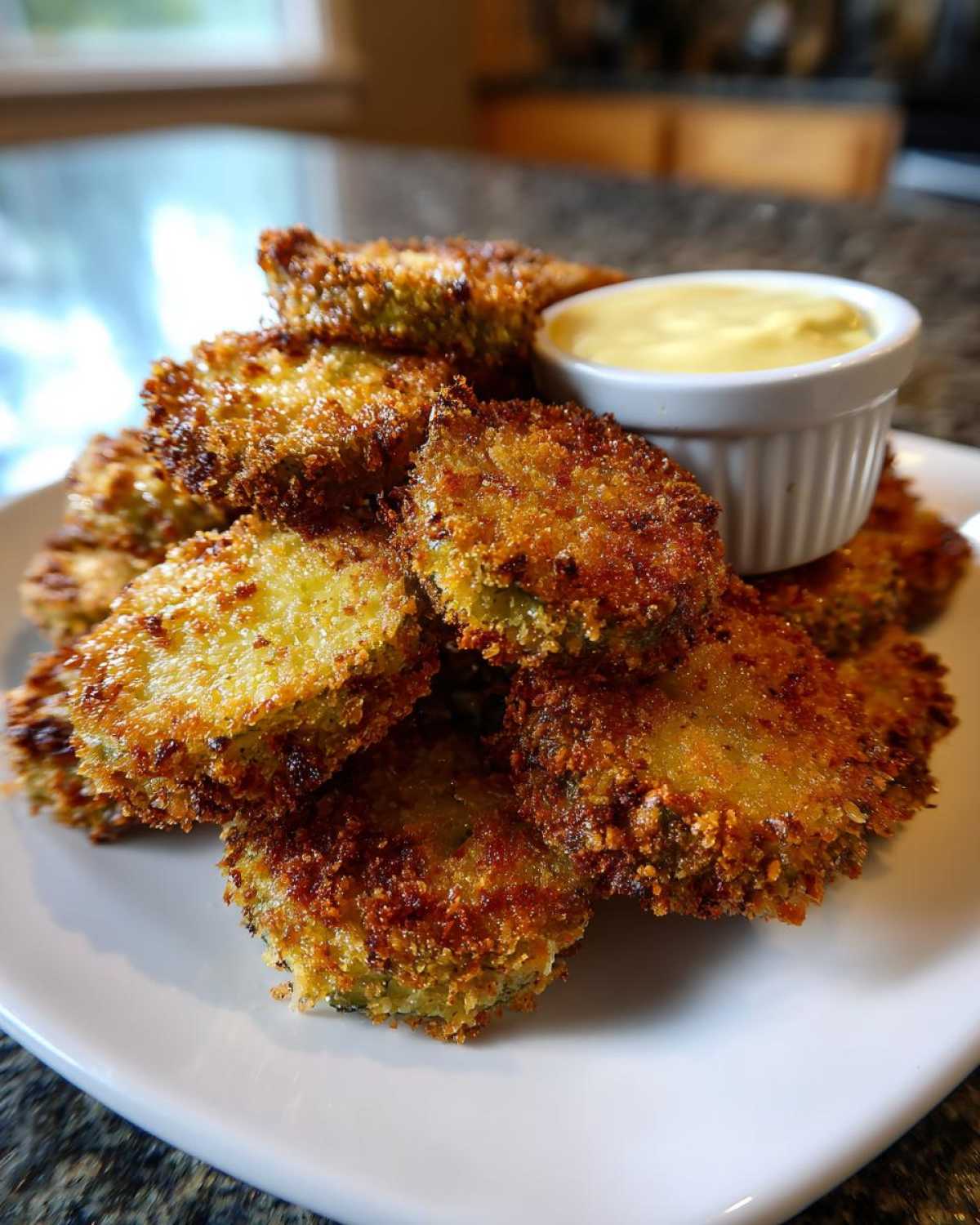 A pile of crispy, golden brown Fried Pickles served on a white plate next to a small ramekin of yellow dipping sauce.