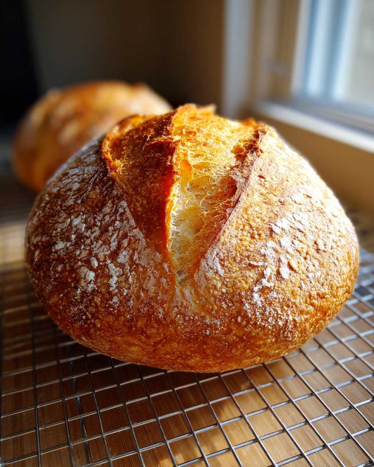 A close-up of a beautifully baked, round loaf of Italian bread with a golden, crusty top resting on a wire cooling rack.