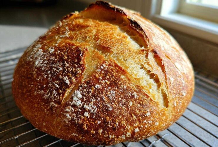 Close-up of a freshly baked, round loaf of Italian bread with a deeply browned, crackled crust cooling on a wire rack.