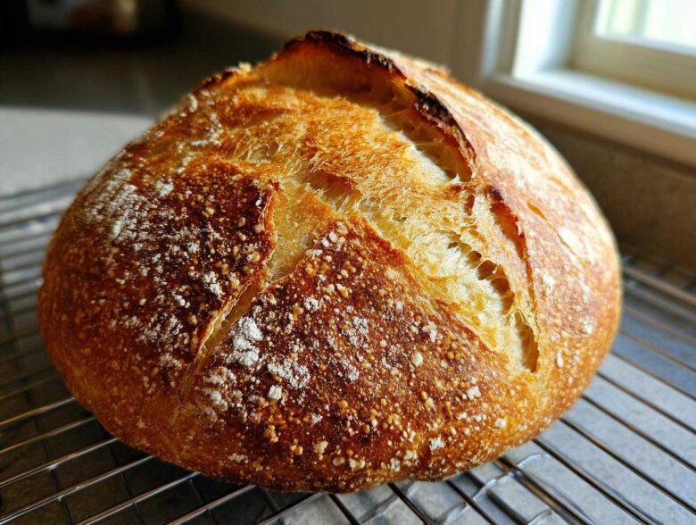Close-up of a freshly baked, round loaf of Italian bread with a deeply browned, crackled crust cooling on a wire rack.