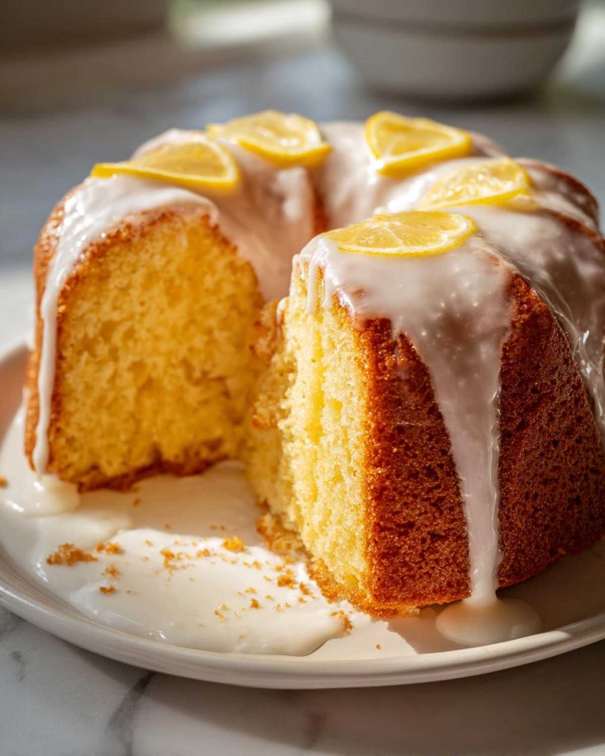 A close-up of a moist lemon pound cake with thick white glaze dripping down, garnished with lemon slices.