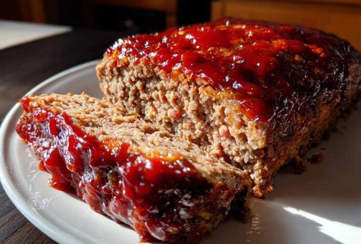 Close-up of a juicy meatloaf with a thick, shiny red glaze, showing one slice cut and resting against the main loaf.