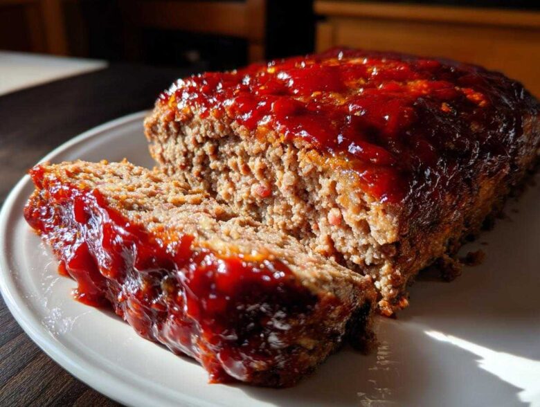 Close-up of a juicy meatloaf with a thick, shiny red glaze, showing one slice cut and resting against the main loaf.