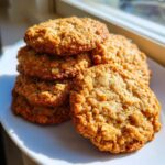 Close-up of a stack of freshly baked, golden brown oatmeal cookie treats sitting on a white plate near a window.