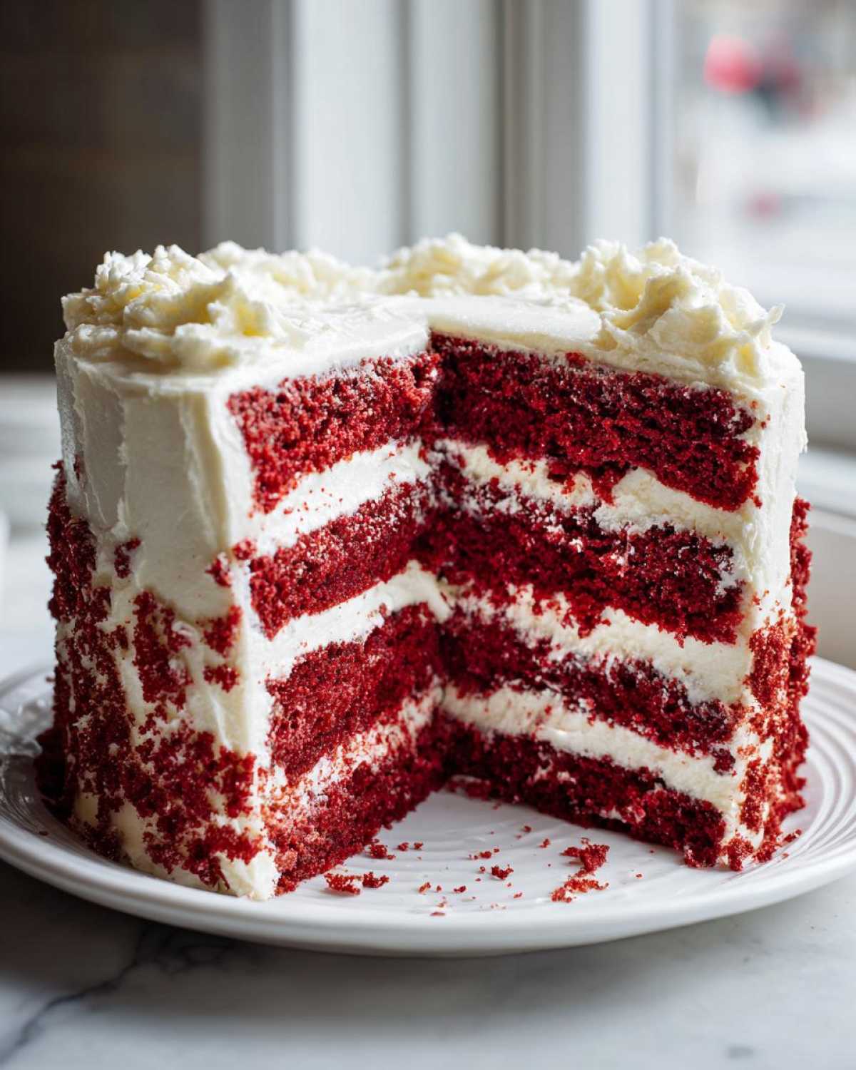 A decadent, multi-layered red velvet cake with a slice removed, showing rich red layers and thick white cream cheese frosting.