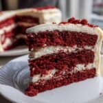 Close-up of a thick slice of red velvet cake showing three layers of deep red cake and white cream cheese frosting.