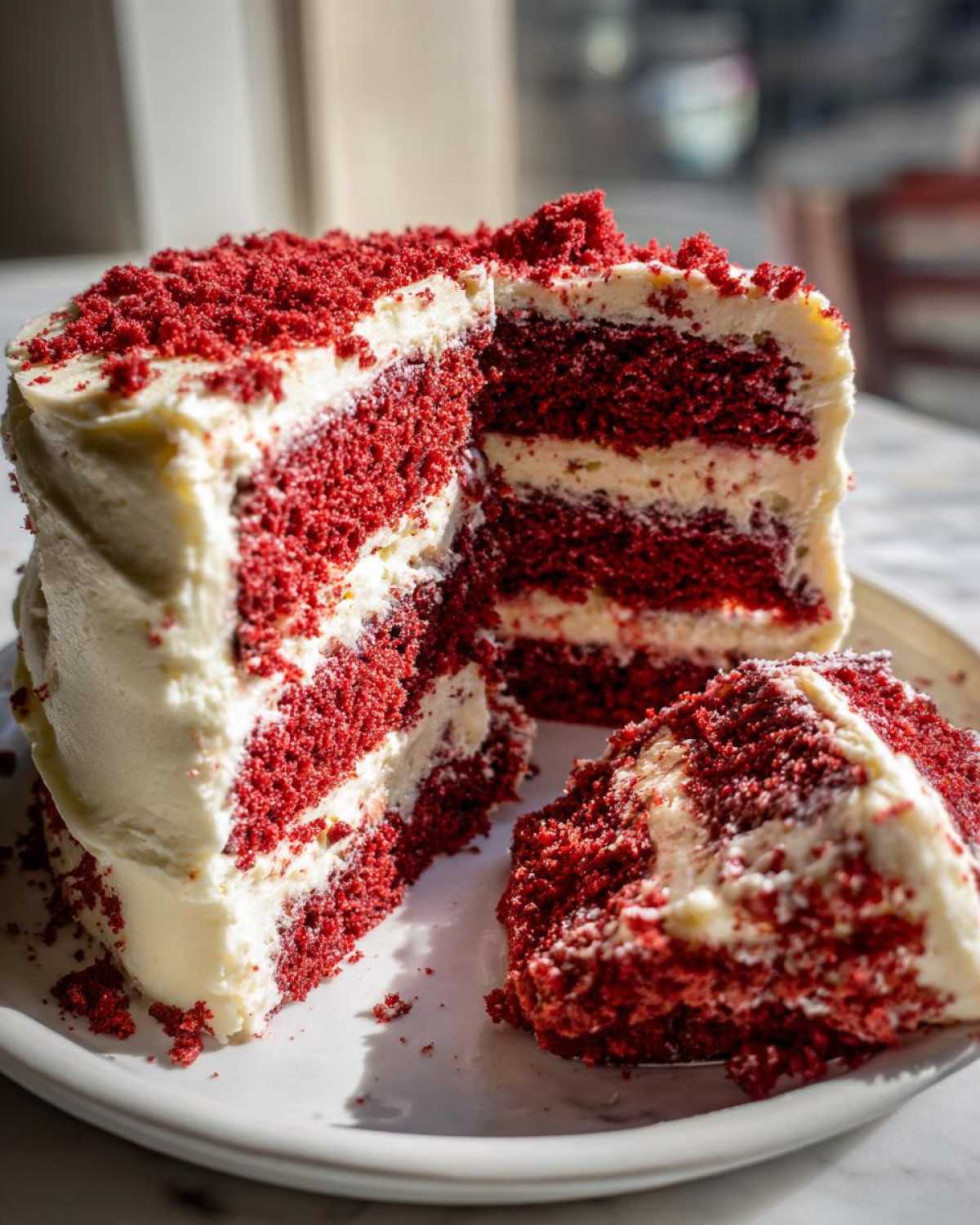 A decadent slice cut from a tall red velvet cake, showing three layers of deep red cake and thick cream cheese frosting.